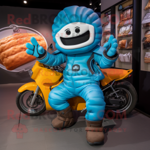 Cyan Croissant mascot costume character dressed with a Moto Jacket and Foot pads
