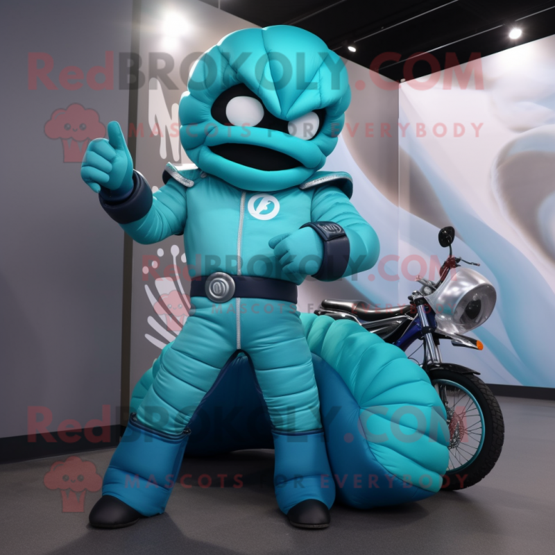 Cyan Croissant mascot costume character dressed with a Moto Jacket and Foot pads