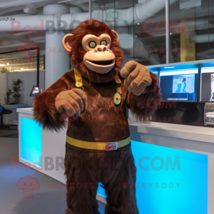 Brown Chimpanzee mascot costume character dressed with a A-Line Dress and Digital watches