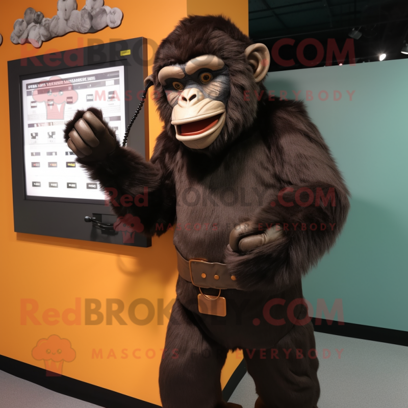 Brown Chimpanzee mascot costume character dressed with a A-Line Dress and Digital watches Brown Chimpanzee mascot costume character dressed with a A-Line Dress and Digital watches