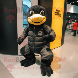 Black Turtle mascot costume character dressed with a Bomber Jacket and Foot pads