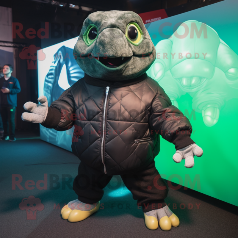 Black Turtle mascot costume character dressed with a Bomber Jacket and Foot pads