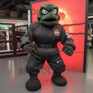 Black Turtle mascot costume character dressed with a Bomber Jacket and Foot pads