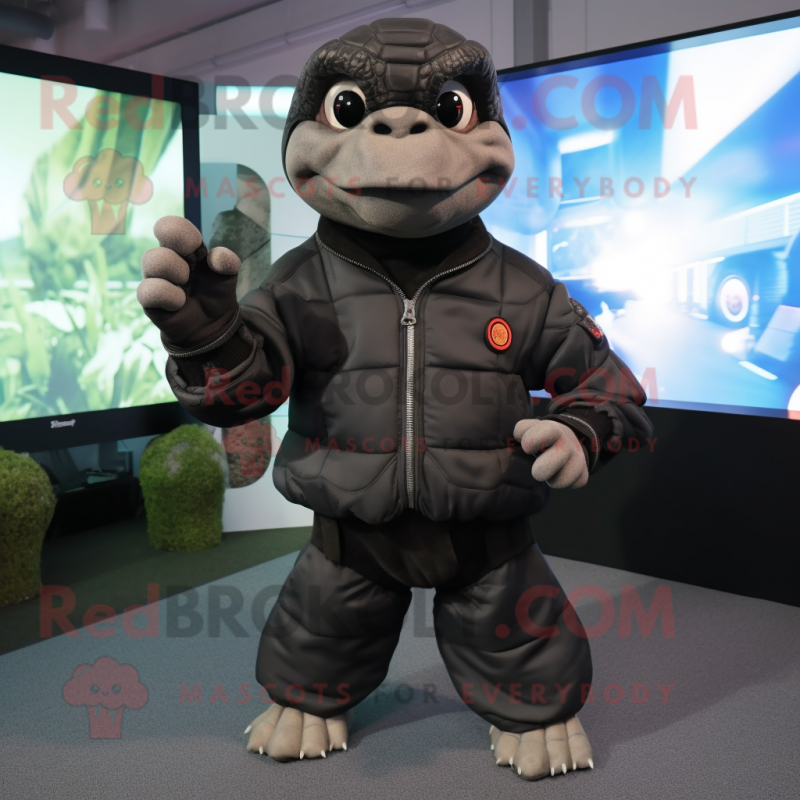 Black Turtle mascot costume character dressed with a Bomber Jacket and Foot pads