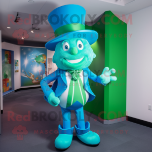 Sky Blue Leprechaun Hat mascot costume character dressed with a Bodysuit and Ties