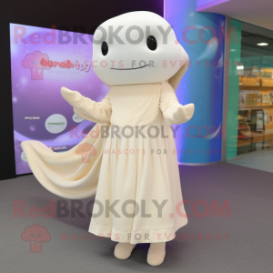 Beige Beluga Whale mascot costume character dressed with a Dress and Headbands