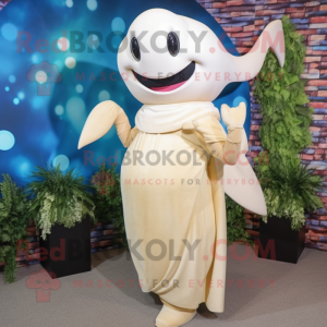 Beige Beluga Whale mascot costume character dressed with a Dress and Headbands
