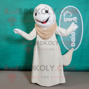 Beige Beluga Whale mascot costume character dressed with a Dress and Headbands