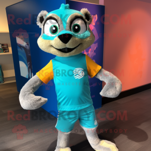 Turquoise Meerkat mascot costume character dressed with a Running Shorts and Bow ties