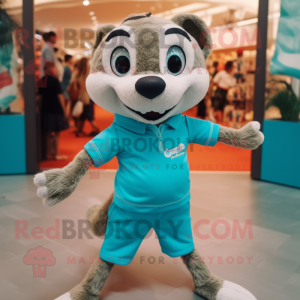 Turquoise Meerkat mascot costume character dressed with a Running Shorts and Bow ties