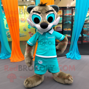 Turquoise Meerkat mascot costume character dressed with a Running Shorts and Bow ties