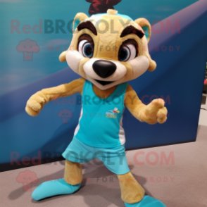 Turquoise Meerkat mascot costume character dressed with a Running Shorts and Bow ties