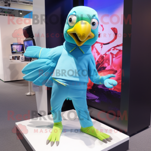 Cyan Parrot mascot costume character dressed with a Turtleneck and Anklets