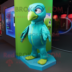 Turquoise Parrot mascot costume character dressed with a Jeggings and Tote  bags - Mascot Costumes -  Sizes L (175-180CM)