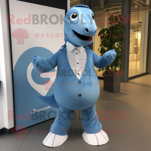 Blue Diplodocus mascot costume character dressed with a Chinos and Cufflinks