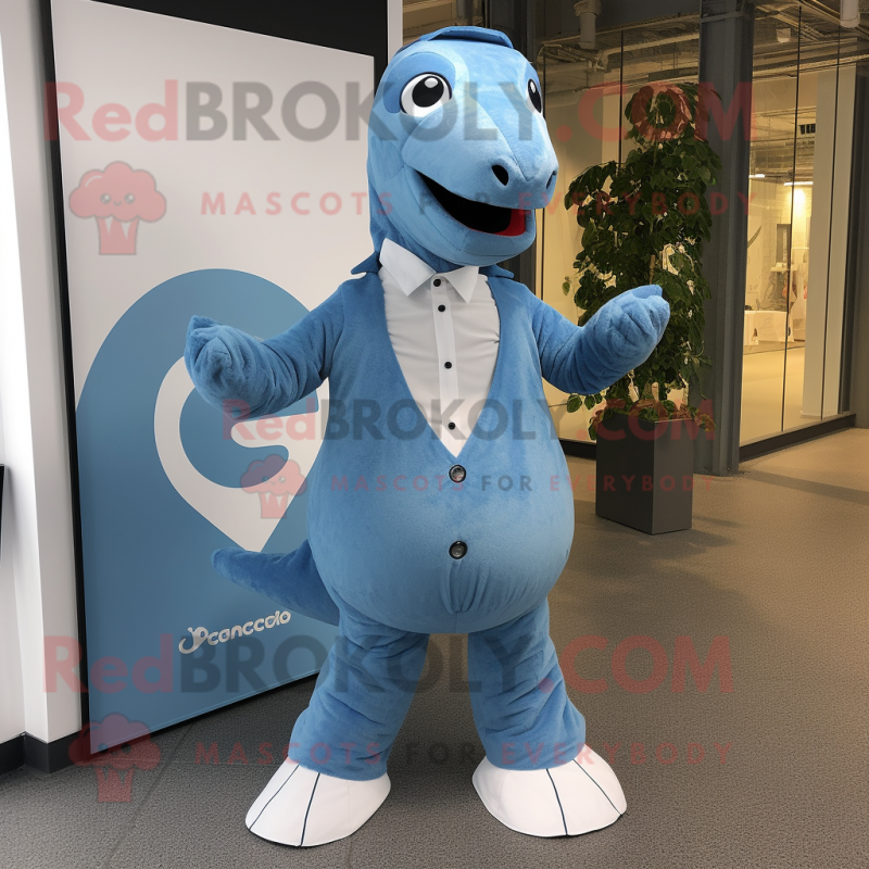 Blue Diplodocus mascot costume character dressed with a Chinos and Cufflinks Blue Diplodocus mascot costume character dressed with a Chinos and Cufflinks