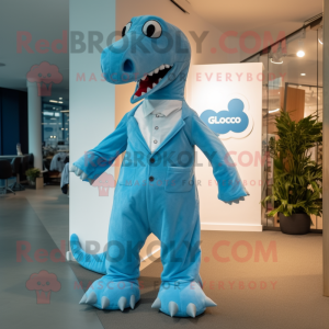 Blue Diplodocus mascot costume character dressed with a Chinos and Cufflinks