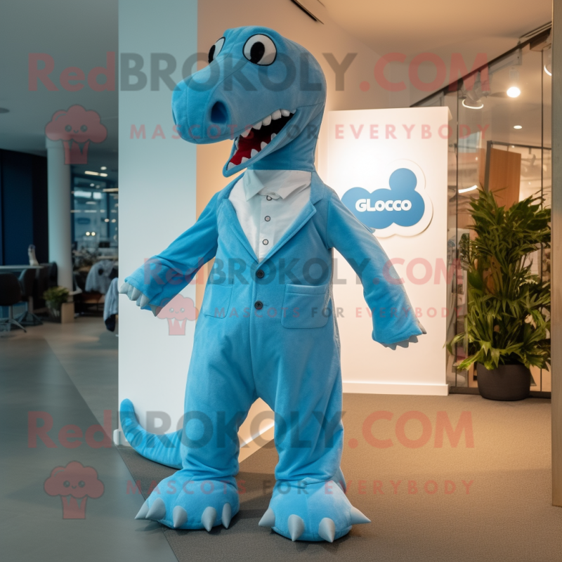 Blue Diplodocus mascot costume character dressed with a Chinos and Cufflinks Blue Diplodocus mascot costume character dressed with a Chinos and Cufflinks