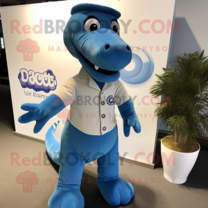 Blue Diplodocus mascot costume character dressed with a Chinos and Cufflinks