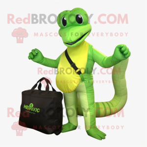 Lime Green Hydra mascot costume character dressed with a Jeggings and Messenger bags