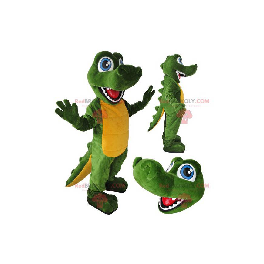 Mascota de cocodrilo verde y amarillo con ojos azules -