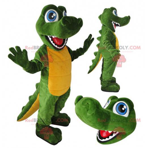 Green and yellow crocodile mascot with blue eyes -