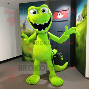 Lime Green Hydra mascot costume character dressed with a Jeggings and Messenger bags