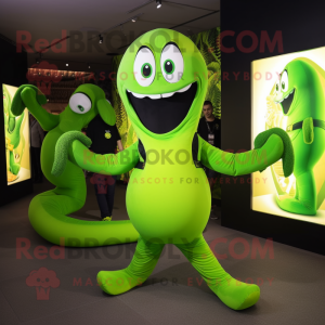 Lime Green Hydra mascot costume character dressed with a Jeggings and Messenger bags