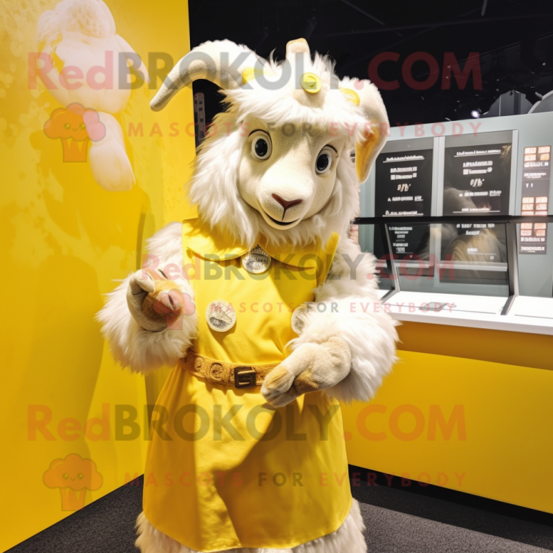 Lemon Yellow Angora Goat mascot costume character dressed with a Skirt and Mittens