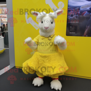 Lemon Yellow Angora Goat mascot costume character dressed with a Skirt and Mittens