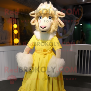 Lemon Yellow Angora Goat mascot costume character dressed with a Skirt and Mittens