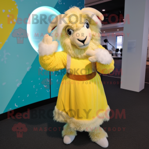 Lemon Yellow Angora Goat mascot costume character dressed with a Skirt and Mittens
