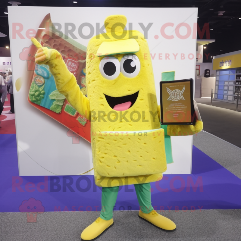 Lemon Yellow Fried Rice mascot costume character dressed with a Sweater and Wallets Lemon Yellow Fried Rice mascot costume character dressed with a Sweater and Wallets