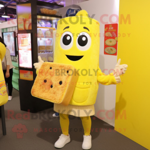 Lemon Yellow Fried Rice mascot costume character dressed with a Sweater and Wallets