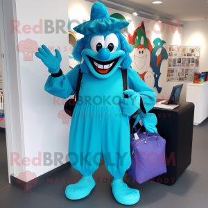 Cyan Evil Clown mascot costume character dressed with a Culottes and Wallets