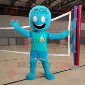 Turquoise Volleyball Net mascot costume character dressed with a Long Sleeve Tee and Wraps