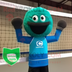 Turquoise Volleyball Net mascot costume character dressed with a Long Sleeve Tee and Wraps