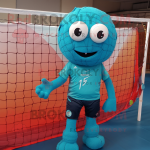 Turquoise Volleyball Net mascot costume character dressed with a Long Sleeve Tee and Wraps