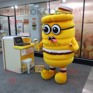 Yellow Hamburger mascot costume character dressed with a Pencil Skirt and Reading glasses