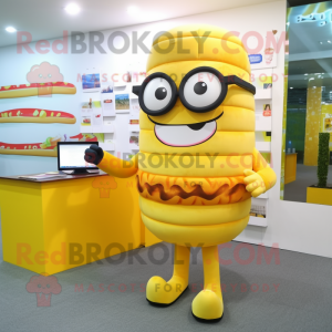 Yellow Hamburger mascot costume character dressed with a Pencil Skirt and Reading glasses