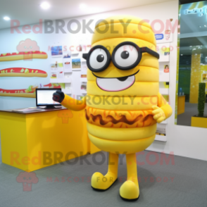 Yellow Hamburger mascot costume character dressed with a Pencil Skirt and Reading glasses