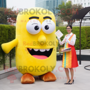 Yellow Hamburger mascot costume character dressed with a Pencil Skirt and Reading glasses