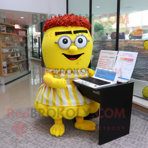 Yellow Hamburger mascot costume character dressed with a Pencil Skirt and Reading glasses