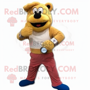 Cream Wrist Watch mascot costume character dressed with a Corduroy Pants and Digital watches
