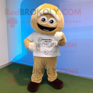 Cream Wrist Watch mascot costume character dressed with a Corduroy Pants and Digital watches