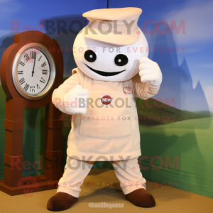 Cream Wrist Watch mascot costume character dressed with a Corduroy Pants and Digital watches