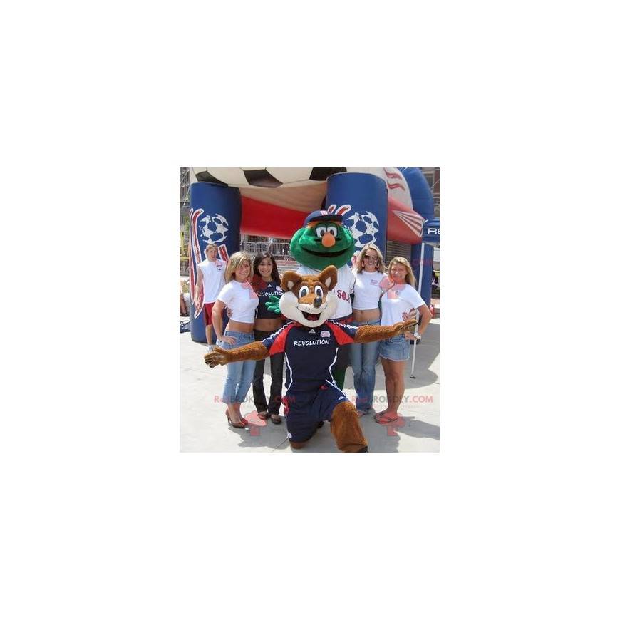Maskot oranžová a bílá liška a zelený muž - Redbrokoly.com