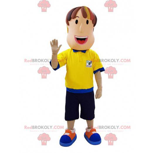 Mascotte d'homme d'arbitre avec une tenue bleue et jaune -