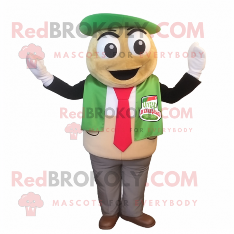 Olive Lasagna mascot costume character dressed with a Blazer and Caps Olive Lasagna mascot costume character dressed with a Blazer and Caps