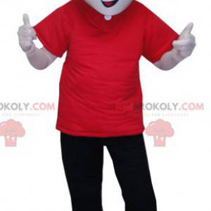 Homem mascote vestido de vermelho e preto com óculos -